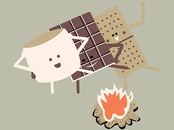 S'more Conga Line Marshmallow, chocolate squares, and graham cracker dance a conga line around a campfire. marshmallow chocolate stock illustrations