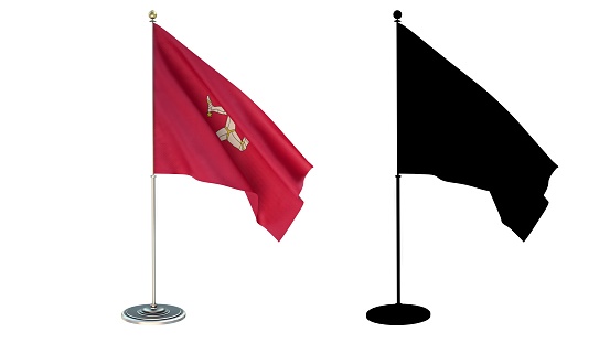 3D illustration of  Isle of Man Flag Desktop Small pole White background via an Alpha Channel of great precision.