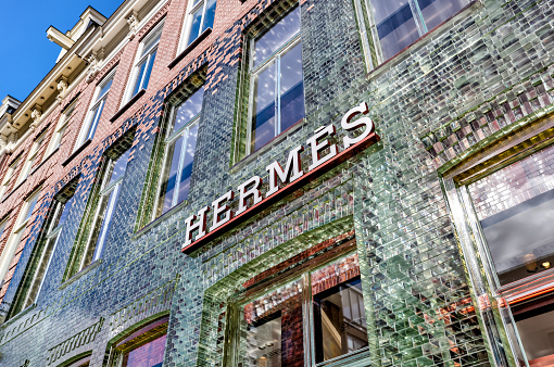Amsterdam, Netherlands - March 28, 2023: Signage for an Hermes store in Amsterdam