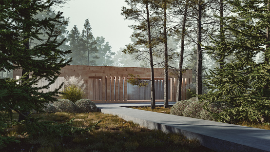 Secluded modern house in the forest. 3D generated image.