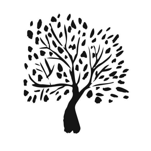 einfacher strukturierter vektorbaum mit blattsilhouette - scribble inks on paper black art stock-grafiken, -clipart, -cartoons und -symbole