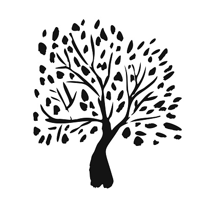 Simple textured vector black tree with branches and leaves silhouette. Abstract oak trees illustration for logo design, sticker, icon
