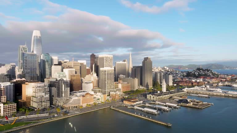 Aerial Panoramic Cityscape View of San Francisco in Morning with waterfront pier, California, USA