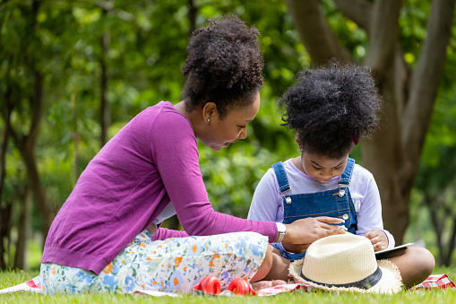 African American mother is teaching her young daughter to read while having a summer picnic in the public park for education and happiness