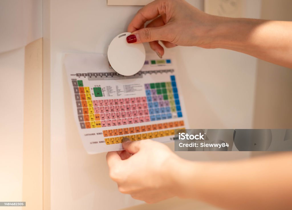 Female hand attaching element paper to the magnetic board to remind the important notice. Announcement Message Stock Photo