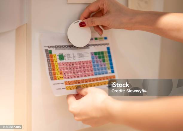 Female Hand Attaching Element Paper To The Magnetic Board To Remind The Important Notice Stock Photo - Download Image Now