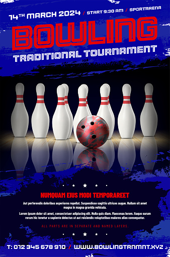 Bowling lane with pins, ball and sample text - poster template. Vector illustration.