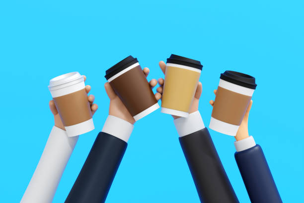 istock Hand holding paper coffee cup with blank labels, mock up, 3D rendering. 1484684160