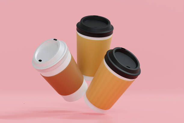 istock Paper coffee cup with blank labels floating over sweet pink background, mock up, 3D rendering. 1484684164