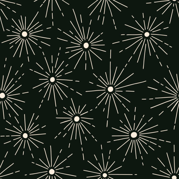 Hand Drawn Star and Fireworks Vector Seamless Pattern Galaxy Star Burst Hand-Drawn Vector Seamless Pattern. Festive Fireworks Background. Abstract Geometric Celebration Texture 1950s fashion drawings stock illustrations