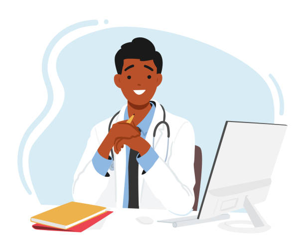 Young Doctor Male Character Sitting At Desk With Laptop Displaying Smile Indicating Satisfaction Or Pride In Work Young Doctor Male Character Sitting At Desk With Laptop Displaying Smile Indicating Satisfaction Or Pride In Work. Confidence And Professionalism Evident In Posture. Cartoon People Vector Illustration medical occupation stock illustrations