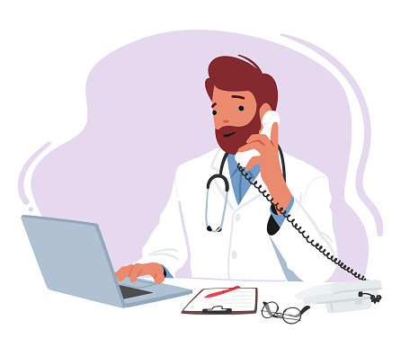 Mature Male Character Doctor Sitting At Desk With Laptop, Reviewing Patient Files, Prescribing Medications, And Communicating With Colleagues, by Phone. Cartoon People Vector Illustration