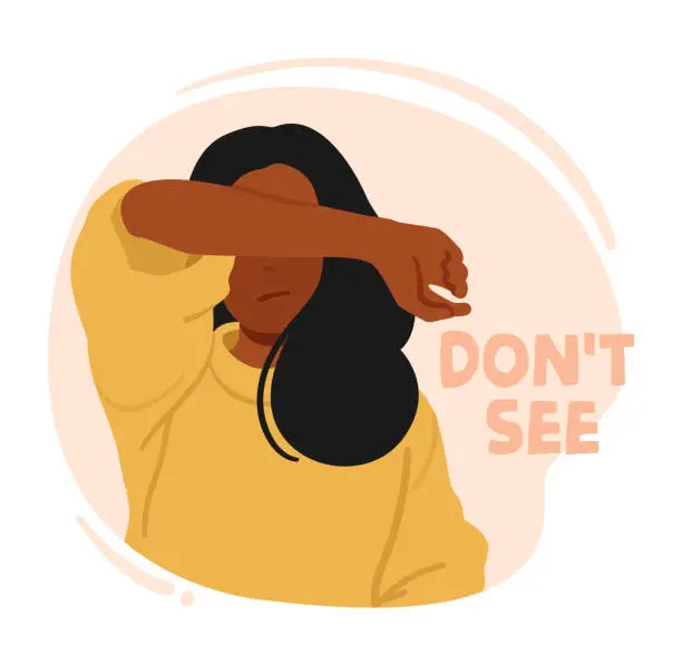 Vector illustration of Young Woman Covering her Eyes Like Wise Monkey Do Not See Evil. Human Emotional Balance and Body Language