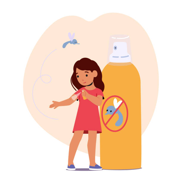 little girl używa repelentu do ochrony komarów wykonanych z naturalnych składników, zaprojektowanych, aby zapobiec ukąszeniom owadów - unwell one person suntan lotion danger stock illustrations