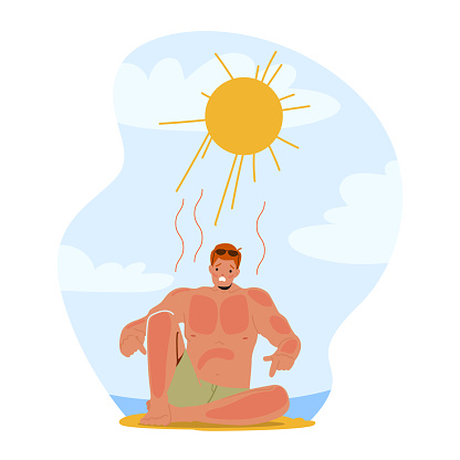 Man Grimacing In Pain From Sunburn On Beach, Red And Inflamed Skin, Seeking Relief And Shade From The Scorching Sun. Male Character Injured with Sun Rays. Cartoon People Vector Illustration