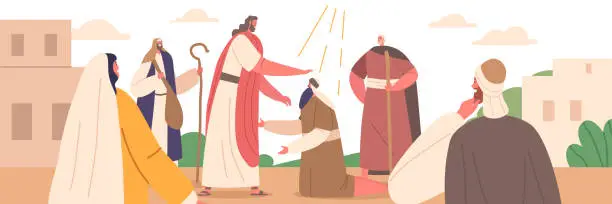 Vector illustration of Biblical Scene Jesus Heals Sick Characters With Various Afflictions, Including The Blind, The Deaf, And The Lame