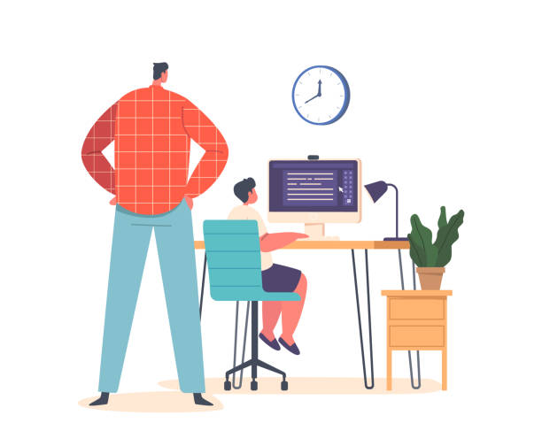 Father Character Watch Over Son Computer Use Monitoring Activity And Ensuring Safe Browsing, Vector Illustration Father Character Watch Over Son Computer Use Monitoring Activity And Ensuring Safe Browsing. Guidance Provided To Prevent Dangerous Content And Misuse Of Technology. Cartoon People Vector Illustration parent guide stock illustrations