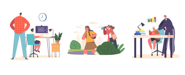 Parental Supervision And Overprotection Of Children Concept With Parent Characters Monitoring Kids Activities Parental Supervision and Overprotection Of Children Concept with Parent Characters Monitoring Kids Activities, Ensuring Their Safety, And Well-being. Cartoon People Vector Illustration parent guide stock illustrations