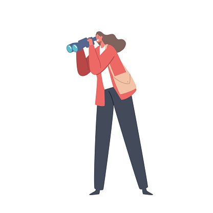 Woman With Binoculars Observing Her Surroundings With Curiosity And Intensity. Female Character Seeking Adventure And Exploration, Spying, Scanning The Horizon. Cartoon People Vector Illustration