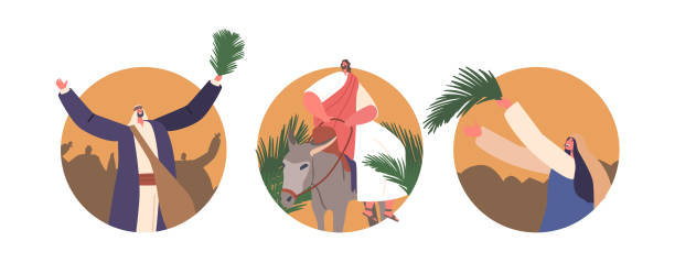 Round Icons with Biblical Scenes of Jesus Arrives In Jerusalem On A Donkey, While The Crowd Lays Down Palm Leaves Round Icons with Biblical Scenes of Jesus Arrives In Jerusalem On A Donkey, While The Crowd Lays Down Palm Leaves And Cheers, Marking The Beginning Of Holy Week. Cartoon People Vector Illustration byzantine icon stock illustrations