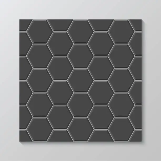 Vector illustration of Seamless slab pavement. Street hexagon texture. Paved surface. Black paver tile. Decorative cobblestone print