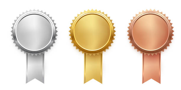 Gold, silver and bronze medals with ribbon set, trophy metal reward badges for winners Gold, silver and bronze medals with ribbon set vector illustration. Realistic isolated trophy and medal collection with metal reward badges for winners, quality certificate and prize warranty silver medal stock illustrations