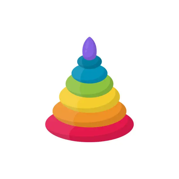 Vector illustration of Toy pyramid for game of preschool baby, Montessori wood tower with stack of rainbow rings