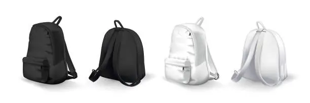 Vector illustration of Black and white backpacks isometric design front and back view set. College or school rucksack mockup vector illustration. Realistic youth pack of fabric for study or sport isolated on white