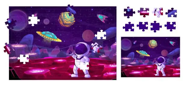 Vector illustration of Space and astronaut on planet, jigsaw puzzle game