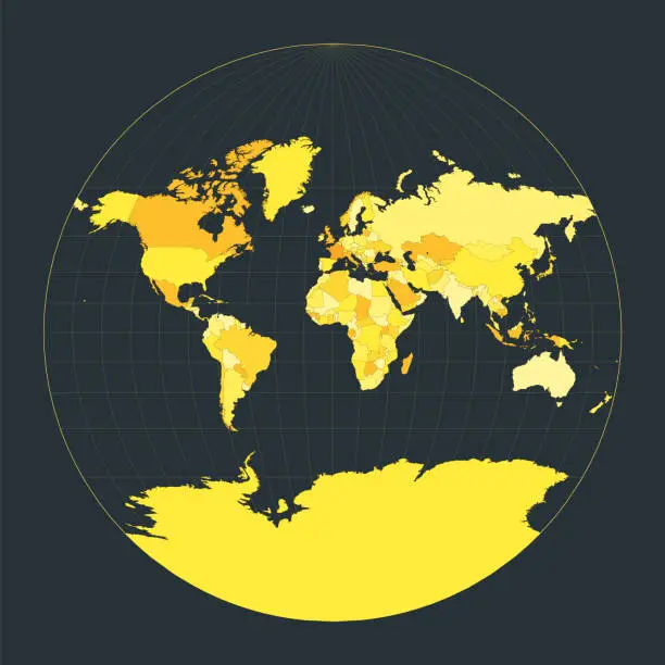 Vector illustration of World Map. Van der Grinten III projection. Futuristic world illustration for your infographic. Bright yellow country colors. Cool vector illustration.