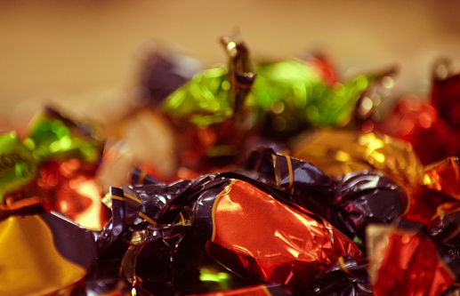 close-up of chocolate wrapped in candy paper