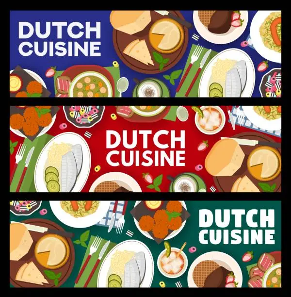 Vector illustration of Dutch cuisine food banners Netherlands dishes meal