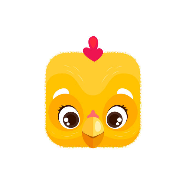 Cartoon chick kawaii square animal face, chickling Cartoon chick kawaii square animal face. Cute chickling isolated vector farm or Easter chicken baby bird character portrait. Cube shape chuck head, app button, icon, graphic design element chuck drill part stock illustrations