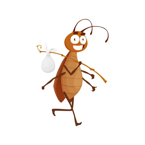 Vector illustration of Cartoon cockroach carry stick with belongings