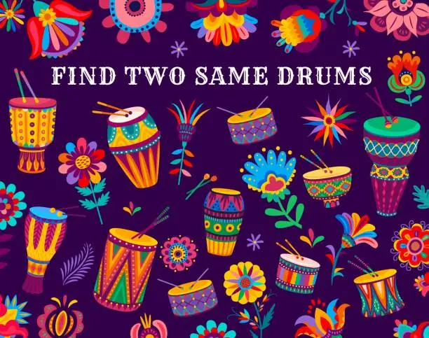 Vector illustration of Find two same Brazilian drums, kids quiz game