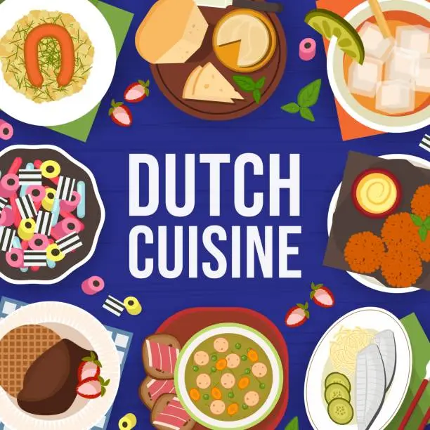Vector illustration of Dutch cuisine menu cover, restaurant dishes meals