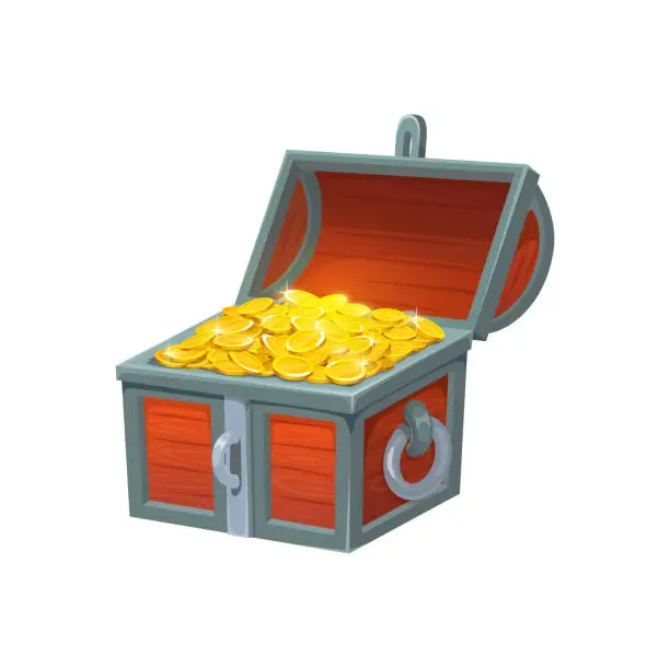 Vector illustration of Open treasure chest with golden coins, vector