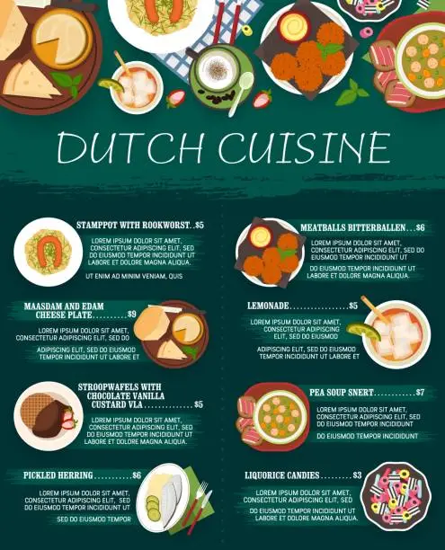 Vector illustration of Dutch cuisine menu or Netherlands food dishes