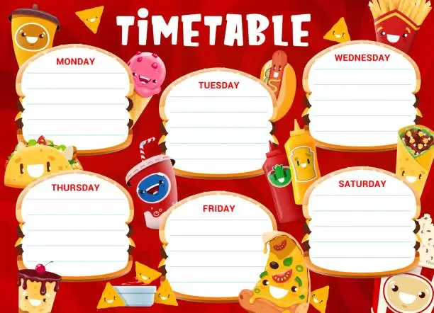 Vector illustration of School timetable schedule plan, cartoon fast food