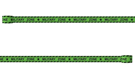Isolated image danger tape khaki stripes war area white background. Military zone words warning with star concept for social media network.