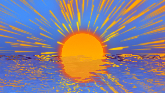 Illustration of a orange sunset on sea resort cartoon style retro photo wallpaper. Vintage imageof orange sun under water reflects on sea waves surface. Holiday, vacation, summer, relax concept