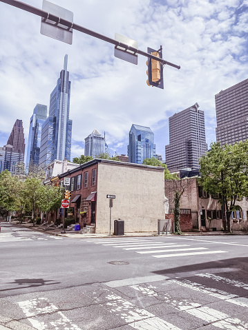 Philadelphia, USA - May 29, 2023. Street view of historic Society Hill neighborhood in Philadelphia, USA