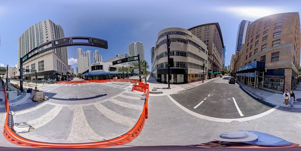 Brickell, FL, USA - April 23, 2023: 360 equirectangular photo Miami Flagler Street under construction renovation and upgrade