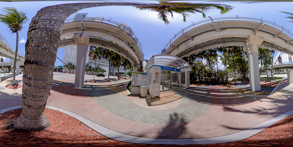Brickell, FL, USA - April 23, 2023: 360 equirectangular photo Miami Peoplemover metromover metrorail