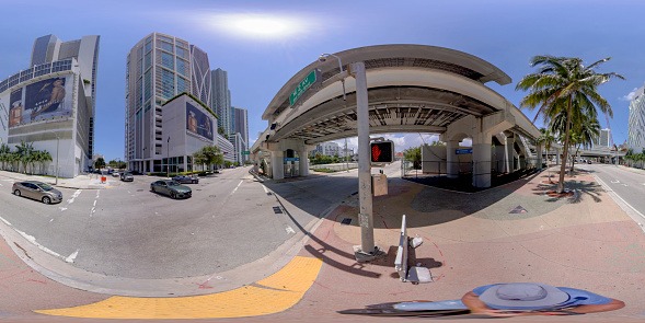 Brickell, FL, USA - April 23, 2023: 360 equirectangular photo Miami Peoplemover metromover metrorail