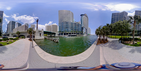 Brickell, FL, USA - April 23, 2023: 360 equirectangular photo Miami Brickell Bridge