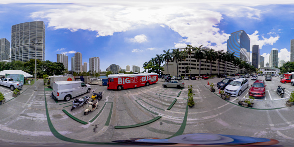 Brickell, FL, USA - April 23, 2023: 360 equirectangular photo Miami Big Red Bus blood donation