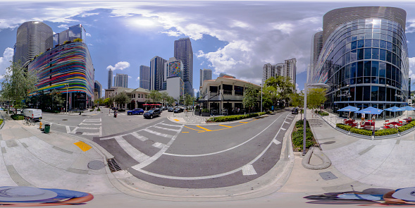 Brickell, FL, USA - April 23, 2023: 360 equirectangular photo Miami highrise skyscrapers and city scene Sunday