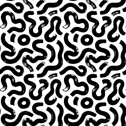 Bold curved lines seamless pattern. Brush drawn wavy bold lines with circles. Abstract maze or puzzle background, stylish structure of natural cells. Vector monochrome texture. Simple squiggle smears.