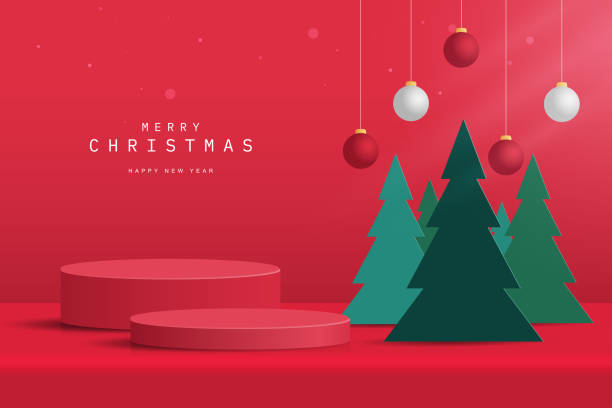 istock Abstract realistic 3D red cylinder pedestal podium set with modern green Christmas tree, ball and snow. Merry Christmas and happy new year scene for mockup product display. stage showcase. 1484705780